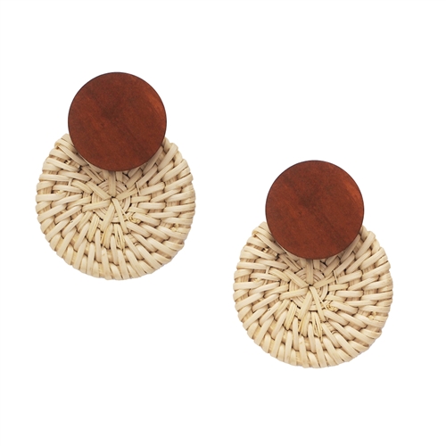 Costa Wood & Woven Rattan Circular Drop Earrings