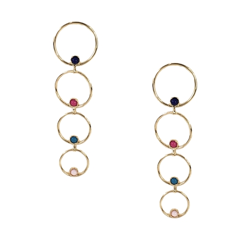 The Nubia earrings are aptly named "golden treasure" These long cascading circles feature multi colored stones that will add the right touch of elegance to top your look. Lightweight design for comfortable all day wear. Curated for The Bagtique Jewelry Co