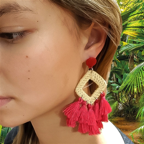 Mamba Woven Rattan Tassel Drop Earrings
