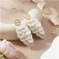 Long cascading statement earrings featuring layered frosted circular discs in multiple color options including aqua blue, ivory pearl, blush pink, and mint green with stud post closure and lightweight drop silhouette.