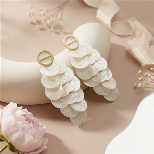 Long cascading statement earrings featuring layered frosted circular discs in multiple color options including aqua blue, ivory pearl, blush pink, and mint green with stud post closure and lightweight drop silhouette.