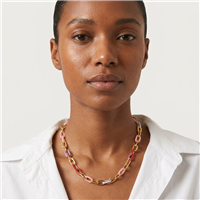 Fashion Culture gold-tone chain necklace featuring multicolor enamel accent links in pink, lavender, blue, and red with adjustable 17 to 20 inch length and contemporary paperclip chain styling