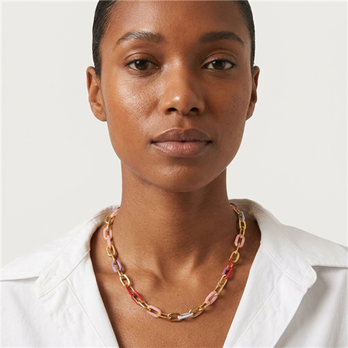 Fashion Culture gold-tone chain necklace featuring multicolor enamel accent links in pink, lavender, blue, and red with adjustable 17 to 20 inch length and contemporary paperclip chain styling