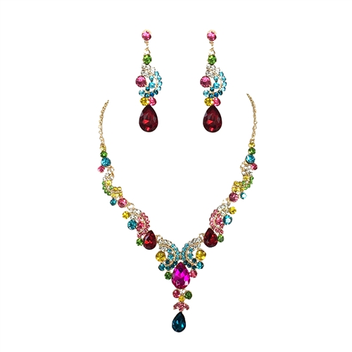 Candy Color Crystal Statement Necklace & Tear Drop Earrings Set