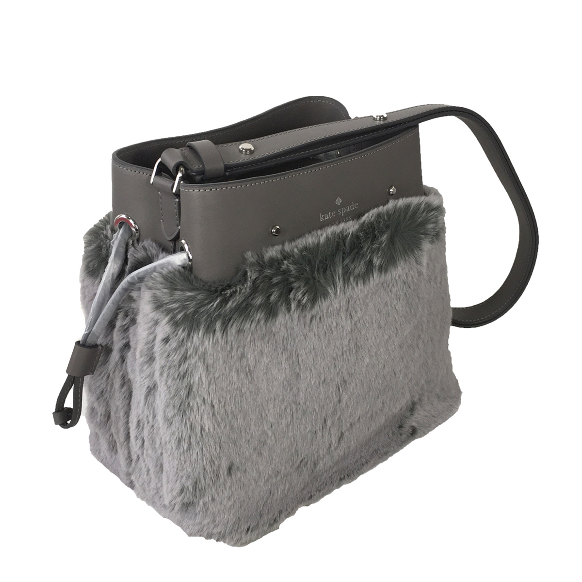 Kate Spade Faux Fur Marti Drawstring Bucket Bag Convertible Crossbody, Grey  Cat