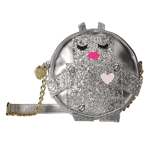 Luv Betsey Robbi Robot Glitter Crossbody Bag, Silver Metallic Shimmering Round Handbag Women, Quirky Cyberpunk Statement Accessory Chain Strap Canteen Purse