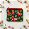 Bamboo Trading Company Ho Ho Ho Santa beaded zip pouch card case with red white green Christmas details and fabric back.