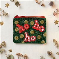 Bamboo Trading Company Ho Ho Ho Santa beaded zip pouch card case with red white green Christmas details and fabric back.