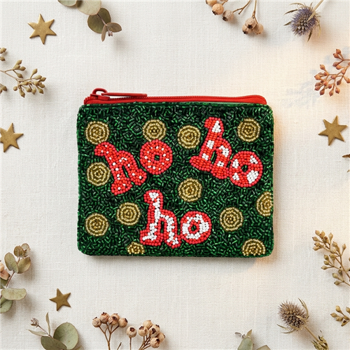 Bamboo Trading Company Ho Ho Ho Santa beaded zip pouch card case with red white green Christmas details and fabric back.