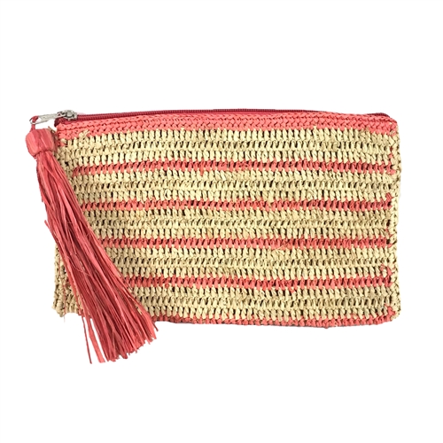 Mar Y Sol Striped Crochet Raffia Tassel Clutch