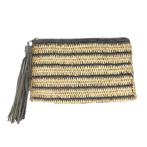 Mar Y Sol Striped Crochet Raffia Tassel Clutch