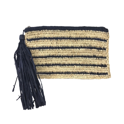 Mar Y Sol Striped Crochet Raffia Tassel Clutch
