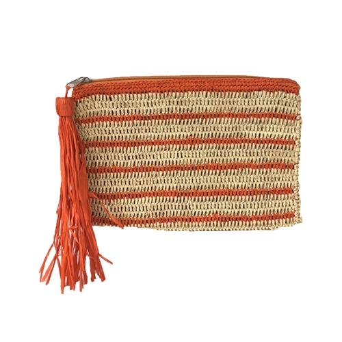 Mar Y Sol Striped Crochet Raffia Tassel Clutch
