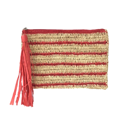 Mar Y Sol Striped Crochet Raffia Tassel Clutch