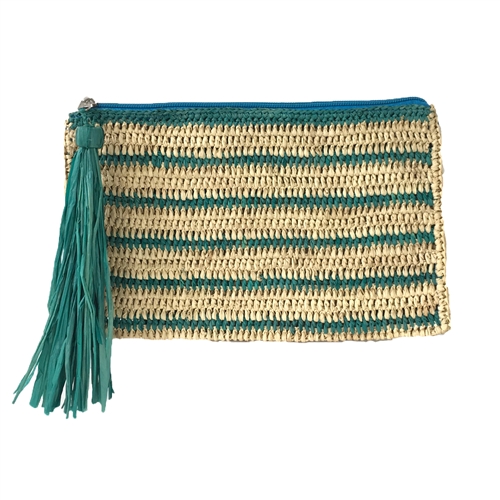 Mar Y Sol Striped Crochet Raffia Tassel Clutch