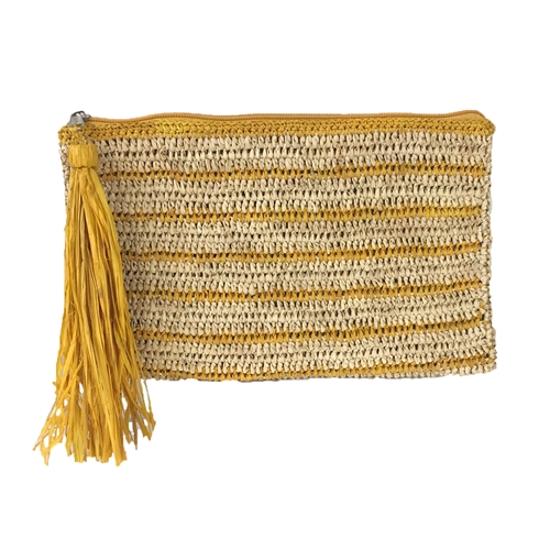 Mar Y Sol Striped Crochet Raffia Tassel Clutch