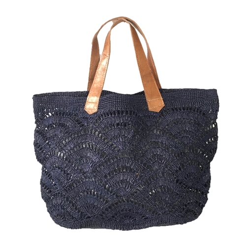 Mar Y Sol Tulum Raffia Tote Bag Large Navy Hand Crocheted Beach Vacation Summer Carryall