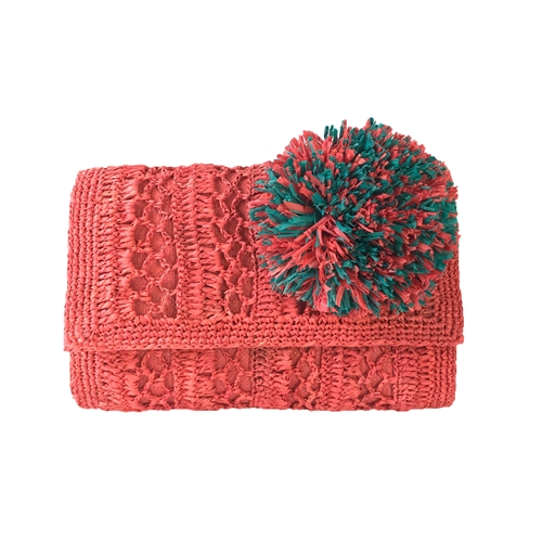 Mar Y Sol Anabel Crochet Raffia Clutch Oversized Pom Applique