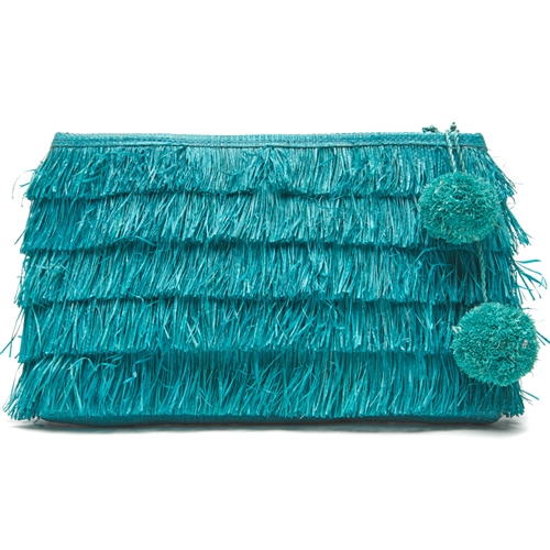 Mar Y Sol Sasha Fringe Raffia Clutch w Pom Poms