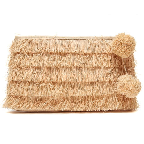 Mar Y Sol Sasha Fringe Raffia Clutch w Pom Poms