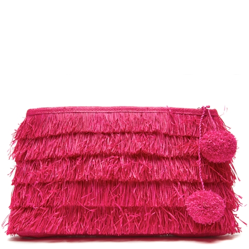 Mar Y Sol Sasha Fringe Raffia Clutch w Pom Poms