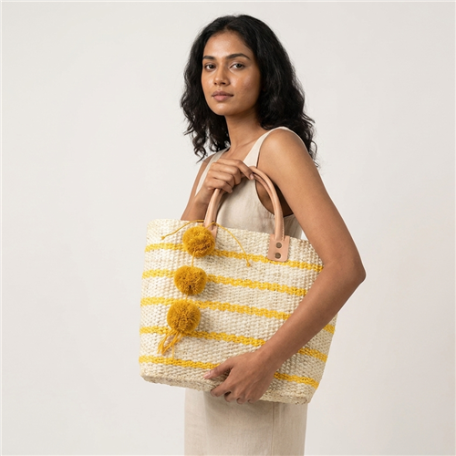Mar Y Sol Tybee Striped Market Tote Bag Pom Pom