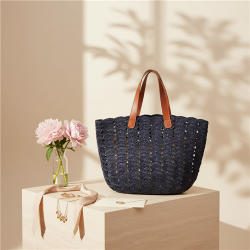 Mar Y Sol Handcrafted Raffia Paros Tote, Large Navy Scalloped 