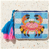 Bamboo Trading Company beaded zip pouch featuring a colorful pink, coral, yellow, and black crab on blue and white stripes with oversized blue and pink tassels.