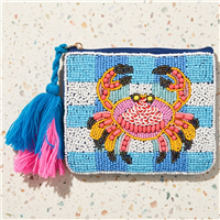 Bamboo Trading Company beaded zip pouch featuring a colorful pink, coral, yellow, and black crab on blue and white stripes with oversized blue and pink tassels.