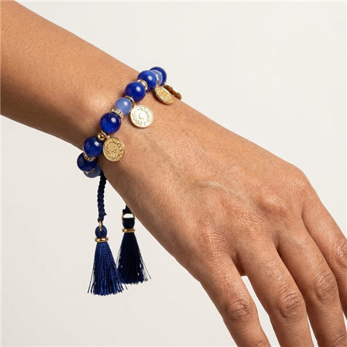 Kate Spade Pretty Poms Beaded Tassel Bracelet, Blue Multi Glass Crystal Jewelry For Women With Adjustable Slide Closure Gold Spaced Logo Coin Charm Dangle Boutique Accessory Unique Gift