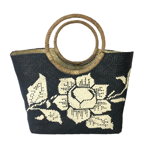 Banago Olivia White Rose Straw Large Circle Handle Tote