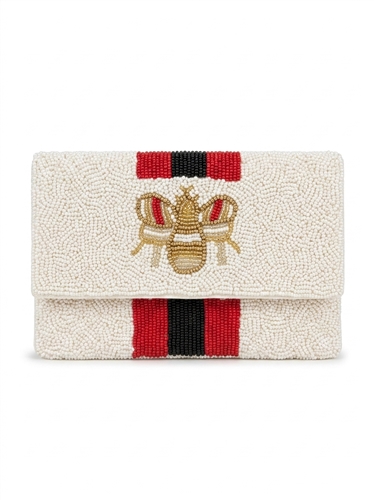 Ivory beaded foldover clutch crossbody bag with a dimensional gold tone bee motif, red and black vertical racing stripes, textured beadwork, and removable chain strap.