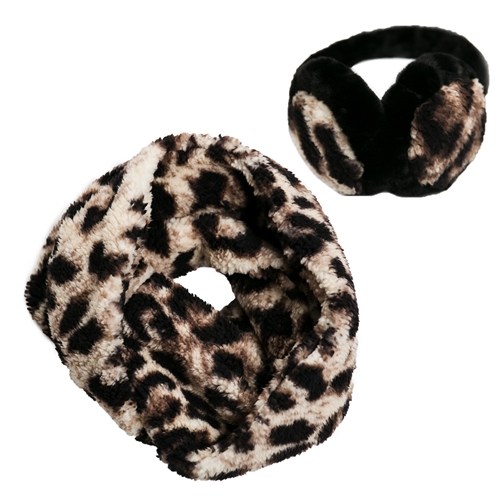 Leopard Sherpa Fleece Infinity Scarf & Earmuff 2 PC Set