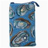 Bamboo Trading Company blue beaded phone crossbody featuring dimensional oyster shell motifs, pearl inspired accents, open top phone compartment, and adjustable shoulder strap.