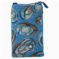 Bamboo Trading Company blue beaded phone crossbody featuring dimensional oyster shell motifs, pearl inspired accents, open top phone compartment, and adjustable shoulder strap.