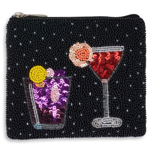 Happy Hour Cocktails Essential Pouch Beaded Zip Card Case Coin Purse