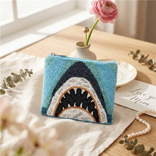 BTC Great White Beaded Coin Purse for Women, Shark Bite Zip Card