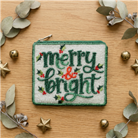 Bamboo Trading Company Merry and Bright multicolor Christmas beaded zip pouch card case with festive holiday motifs and fabric back.