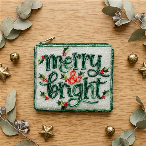 Bamboo Trading Company Merry and Bright multicolor Christmas beaded zip pouch card case with festive holiday motifs and fabric back.