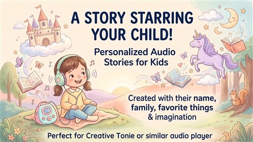 Personalized Audio Stories for Kids | Custom Creative Tonie Stories Custom kids MP3 audio stories for school mornings, getting ready, and drop-off routines.