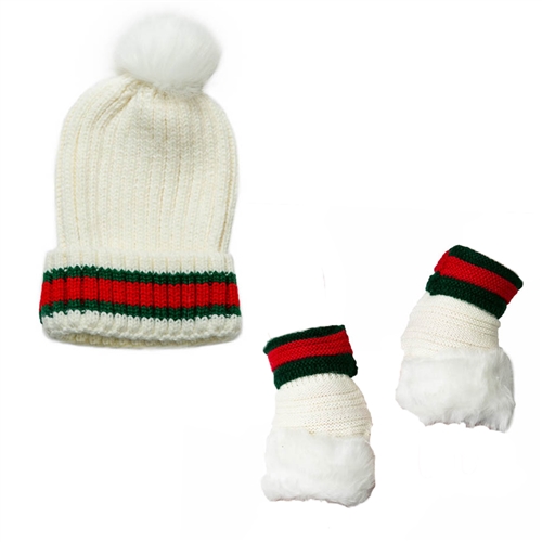 Taryn Red & Green Striped Knit Beanie & Fingerless Gloves 2  display picture 1
