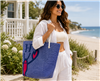 Magid Hamptons Love Lobster large navy beach tote featuring a bold lobster graphic, sturdy white rope shoulder handles, lightweight packable construction, and a spacious interior for beach vacations, shopping, and summer travel