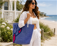 Magid Hamptons Love Lobster large navy beach tote featuring a bold lobster graphic, sturdy white rope shoulder handles, lightweight packable construction, and a spacious interior for beach vacations, shopping, and summer travel