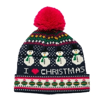 Top It Off I love Christmas Snowman Knit Beanie Hat Pom Pom