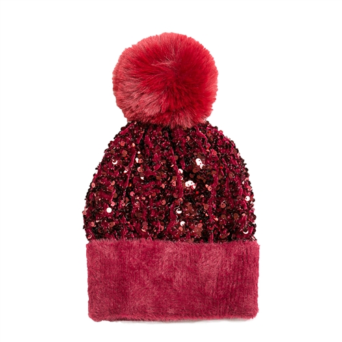 Disco Queen Sequin Faux Fuzzy Fur Fleece Lined Detachable Pom Beanie Hat