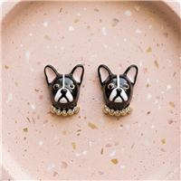 Kate Spade New York black and white French Bulldog stud earrings with pink ear details, gold tone accents and sparkling clear crystal collars.