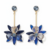 Kate Spade Blooming Brilliant statement drop earrings featuring oversized faceted blue crystal flowers suspended from crystal accented posts with gold tone hardware and disk clutch closures, designed for weddings, parties, and special occasions.