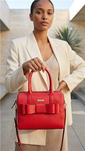 Kate Spade Leather Bow Satchel, Empire Red Top Handle Crossbody Bag For Women, Convertible Designer Handbag Small Luxury Zippered Purse With Removable Strap