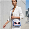 Kate Spade Mindy Make a Splash Crossbody Bag, Blue White Striped Designer Shoulder Purse with Retro Sunglasses Applique