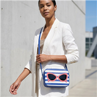 Kate Spade Mindy Crossbody Bag, Blue White Striped Make Splash Summer Handbag For Women, Red Sunglasses Applique Vegan Leather Pouch 8" Designer Camera Purse Travel Small Accessory